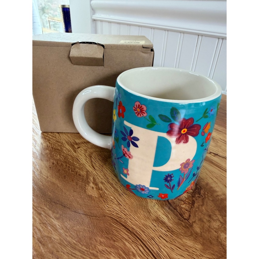 NIB Natural Life Monogram Mug Letter P Floral Cup of Happy Teal Ceramic New